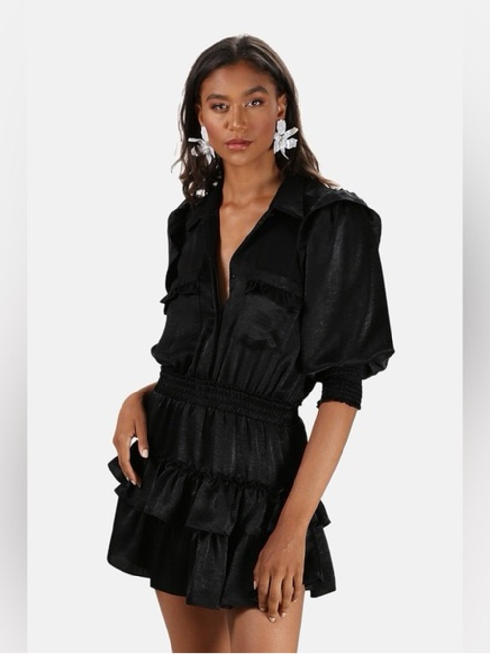 Misa Los Angeles Riona Black Ruffle Hem Shirt Dress